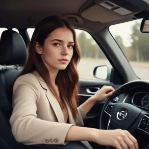 girl is holding a volvo steering wheel