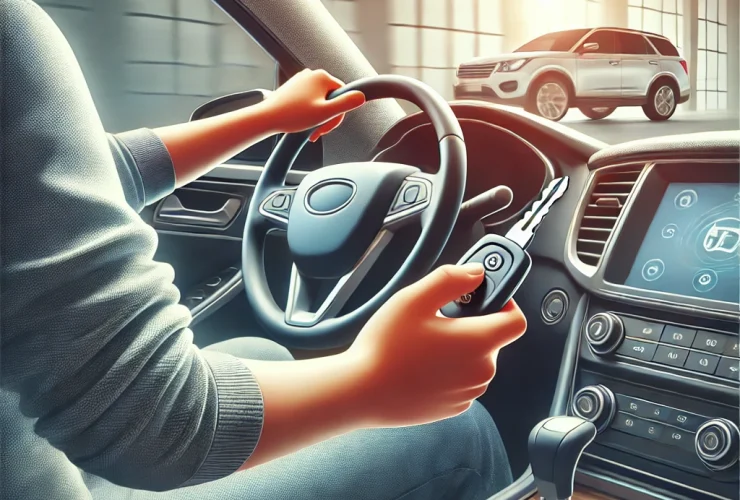 A car interior view showing a person how to unlock steering wheel