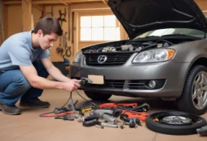 A mechanic diagnosing a hard-to-turn steering wheel issue on a car, surrounded by tools in a garage