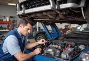 A mechanic focused on solutions and repairs working on a car engine in a garage surrounded by tools and equipments