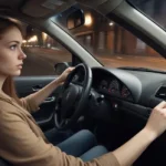 A woman drives a car at night, focusing on the road ahead. As she navigates the winding streets, she wonders, Why is my steering wheel hard to turn The interior of the car and a blurred cityscape are visible in the background