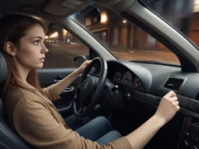 A woman drives a car at night, focusing on the road ahead. As she navigates the winding streets, she wonders, Why is my steering wheel hard to turn The interior of the car and a blurred cityscape are visible in the background