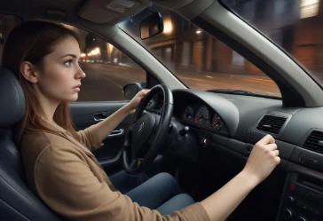 A woman drives a car at night, focusing on the road ahead. As she navigates the winding streets, she wonders, Why is my steering wheel hard to turn The interior of the car and a blurred cityscape are visible in the background