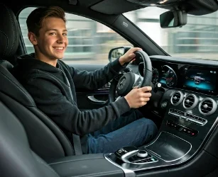 Boy Holding the Mercedes Steering Wheel