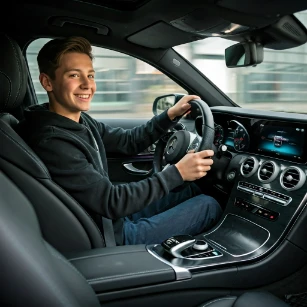 Boy Holding the Mercedes Steering Wheel