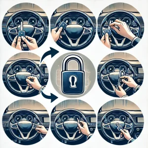 Step-by-step guide showing hands unlocking a car steering wheel