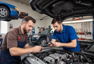 Two mechanics working on a car engine, diagnosing issues related to common causes of a hard-to-turn steering wheel