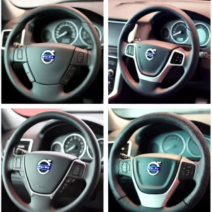 collage featuring four types of Volvo steering wheels