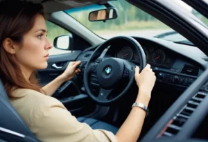 A Frustrated female driver inside BMW car noticing BMW steering wheel stiffness or difficulty in turning dashboard and interior visible