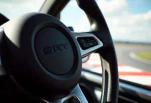 close up of sleek SRT steering wheel with integrated controls high quality leather wrap and ergonomic shape in performance car