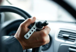 A closeup of hands installing steering wheel knob with secure attachment vehicle control tightening tool focus on precision and safety