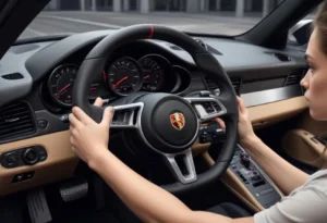 A female Driver adjusting Porsche steering wheel for optimal performance emphasizing ergonomic setup and precise control in Porsche steering wheel configuration