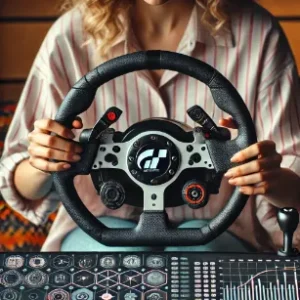 A girl adjusting settings on gran turismo steering wheel highlighting key features like force feedback rotation range and high-quality pedals