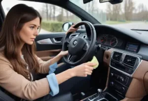 A girl cleaning a heated steering wheel with a soft cloth. Include a close-up of the hands and steering wheel, emphasizing proper maintenance. 