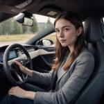 girl driving a Tesla Model S Plaid holding the Yoke Tesla steering wheel with focused look highlighting advanced car interior features