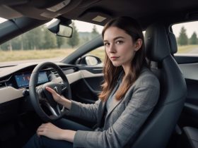 girl driving a Tesla Model S Plaid holding the Yoke Tesla steering wheel with focused look highlighting advanced car interior features