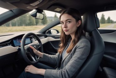 girl driving a Tesla Model S Plaid holding the Yoke Tesla steering wheel with focused look highlighting advanced car interior features