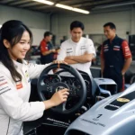 A girl in racing gear holding a formula 1 steering wheel in a high-tech garage with team members and cars in the background