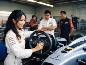 A girl in racing gear holding a formula 1 steering wheel in a high-tech garage with team members and cars in the background