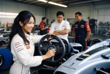 A girl in racing gear holding a formula 1 steering wheel in a high-tech garage with team members and cars in the background