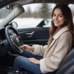 A girl in her car, holding a heated steering wheels smiling and dressed warmly showing comfort and luxury with visible car interior.