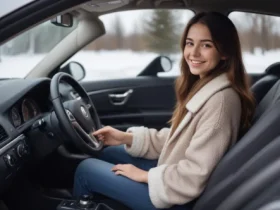 A girl in her car, holding a heated steering wheels smiling and dressed warmly showing comfort and luxury with visible car interior.