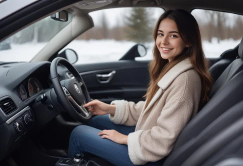 A girl in her car, holding a heated steering wheels smiling and dressed warmly showing comfort and luxury with visible car interior.