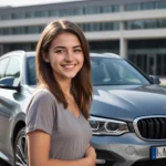 A girl smiling next to BMW car thinking about the suplended quality of BMW steering wheel in modern urban setting with visible BMW logo