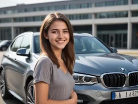 A girl smiling next to BMW car thinking about the suplended quality of BMW steering wheel in modern urban setting with visible BMW logo