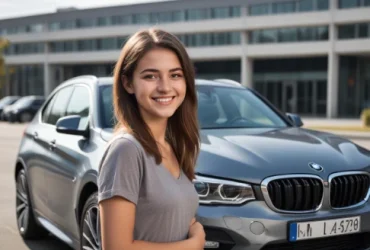 A girl smiling next to BMW car thinking about the suplended quality of BMW steering wheel in modern urban setting with visible BMW logo