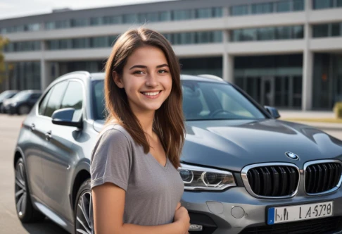 A girl smiling next to BMW car thinking about the suplended quality of BMW steering wheel in modern urban setting with visible BMW logo