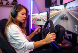 A girl using PC steering wheel in immersive gaming setup racing simulation experience