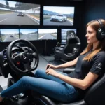 girl using gran turismo steering wheel setup in immersive gaming environment focused and engaged in sim racing