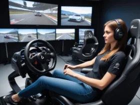 girl using gran turismo steering wheel setup in immersive gaming environment focused and engaged in sim racing