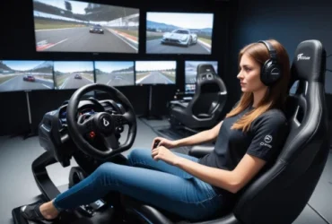 girl using gran turismo steering wheel setup in immersive gaming environment focused and engaged in sim racing