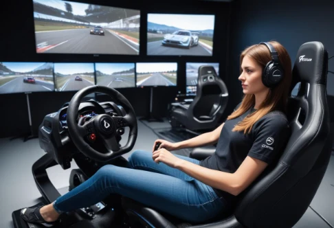 girl using gran turismo steering wheel setup in immersive gaming environment focused and engaged in sim racing