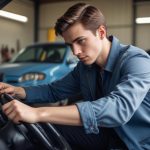 A man examining steering wheel in garage for steering wheel repair focusing on car maintenance tools in background.