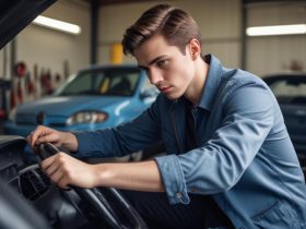 A man examining steering wheel in garage for steering wheel repair focusing on car maintenance tools in background.