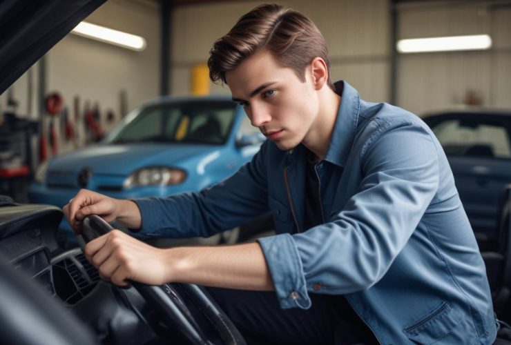 A man examining steering wheel in garage for steering wheel repair focusing on car maintenance tools in background.