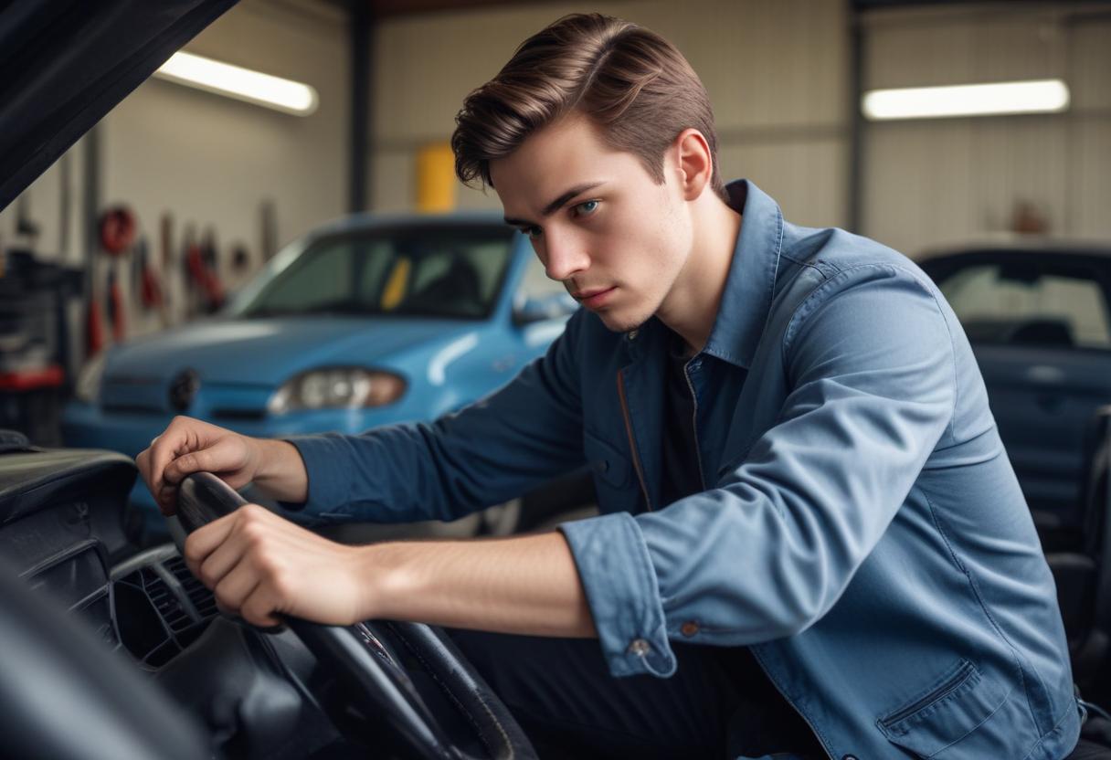 A man examining steering wheel in garage for steering wheel repair focusing on car maintenance tools in background.