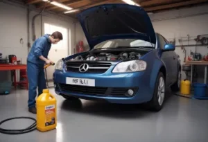 A man pouring power steering fluid into car reservoir with hood open in garage focus on regular maintenance