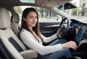 A woman smiling confidently in a Tesla with a yoke steering wheel urban setting car interior visible focus on innovative steering wheel