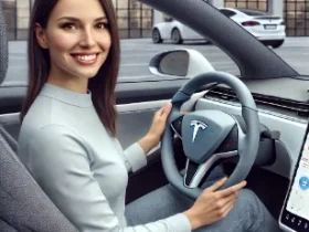 A woman smiling confidently in a Tesla with a yoke steering wheel urban setting car interior visible focus on innovative yoke steering wheel