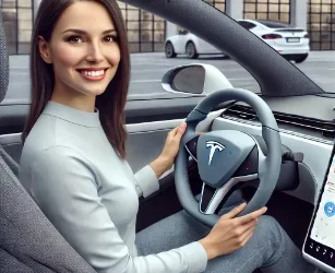 A woman smiling confidently in a Tesla with a yoke steering wheel urban setting car interior visible focus on innovative yoke steering wheel