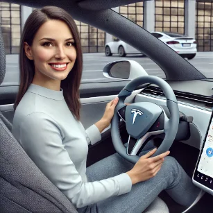 A woman smiling confidently in a Tesla with a yoke steering wheel urban setting car interior visible focus on innovative yoke steering wheel