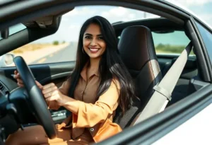 young woman confidently holding SRT steering wheel in high-performance car showing premium design focus on driver vehicle connection