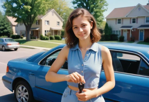 A young woman holding car key next to blue car on suburban street thinking about steering wheel with exclamation point warning light