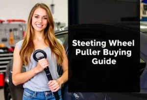 A young woman holding steering wheel puller in auto workshop showing tool for safely removing car steering wheel for vehicle maintenance