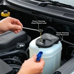 Checking power steering fluid level in car engine bay with the power steering fluid reservoir. The person have fluid level dipstick in hand. 