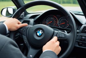 Close-up of BMW steering wheel with multifunctional controls for audio phone and cruise control in BMW car interior dashboard visible